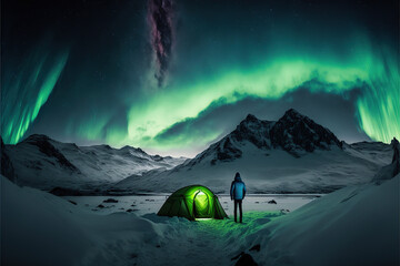 Mountain camping with man standing out of a tent. Northen polar lights, green color Aurora borealis on sky