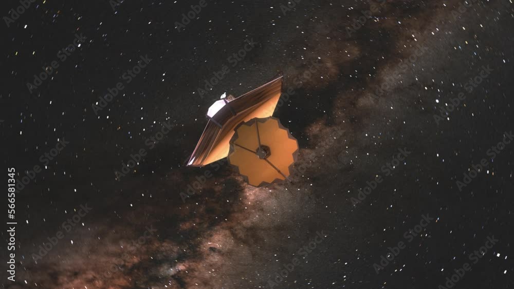 Sticker james webb space telescope with camera rotating and jwst moving past taking in early universe pictur