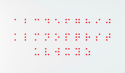Braille dots alphabet for visually impaired. Formed out of red spheres, english alphabet, 3d render