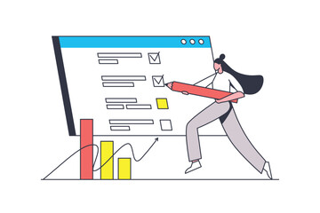 Online survey flat line concept. Woman fills out questionnaire form and checks answers, quiz at website, online voting or user experience. Vector illustration with outline people scene for web design