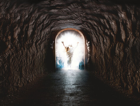Ciencia y religi&oacute;n. Religi&oacute;n cristiana. Ilustraci&oacute;n con la tumba de Jesucristo resucitado y concepto de resurrecci&oacute;n. T&uacute;nel hacia la muerte.