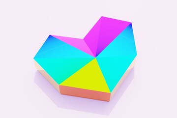Top view of polygonal colored heart shaped box, papercraft, 3d rendering