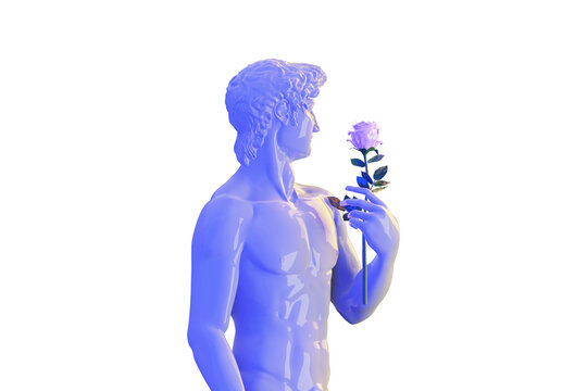 Statue of David with rose in hand, isolated on white, 3d rendering