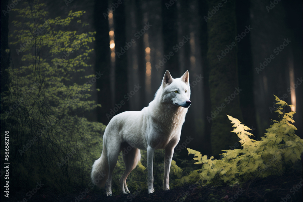 Wall mural Beautiful white wolf in the forest.Generative AI.