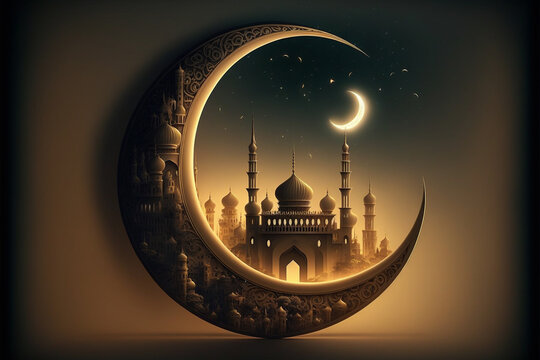 Festive Greeting Card For Muslim Holy Month Ramadan Kareem With Mosque And Crescent.