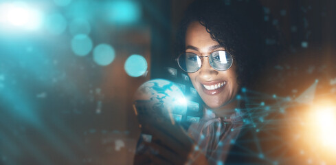 Business woman, overlay and global tech at night for network connection and information technology. Iot, smile and future 3d world hologram mockup, person in dark workplace for digital data research