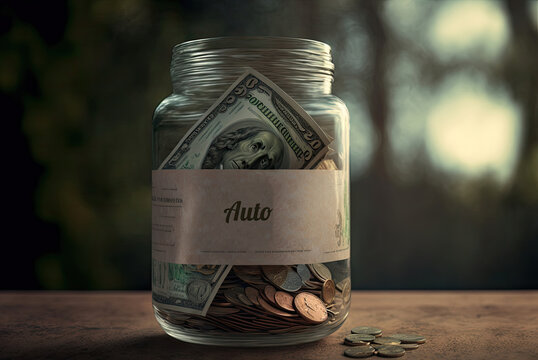 saving money in a jar, concept image for saving money for a reason, german word "auto" means car 