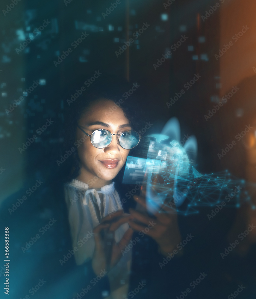 Poster Black woman, tech overlay and global business on phone at night for research and cybersecurity. Iot future 3d hologram in workplace for person networking and cloud computing big data mockup space