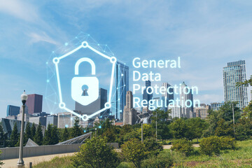 Chicago skyline from Butler Field towards financial district skyscrapers, day time, Illinois, USA. Parks and gardens. GDPR hologram, concept of data protection regulation and privacy for individuals