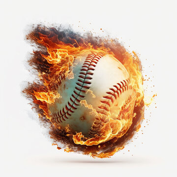 Flying Baseball Ball in Fire Trail on White Background, Isolated baseball with Flames, Generative AI