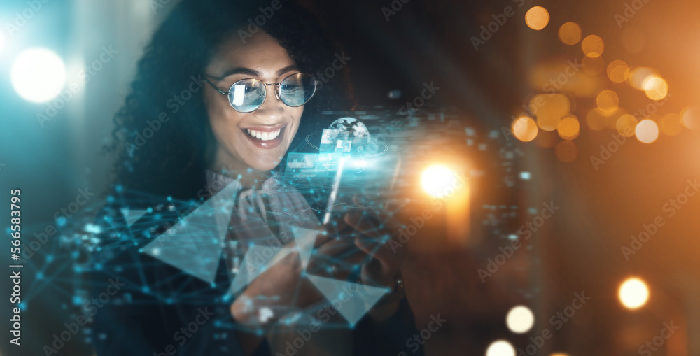 Poster overlay, global tech and black woman at night for information technology, research or digital job. i