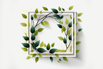 Nature frame with tree branches and leaves realistic on white background