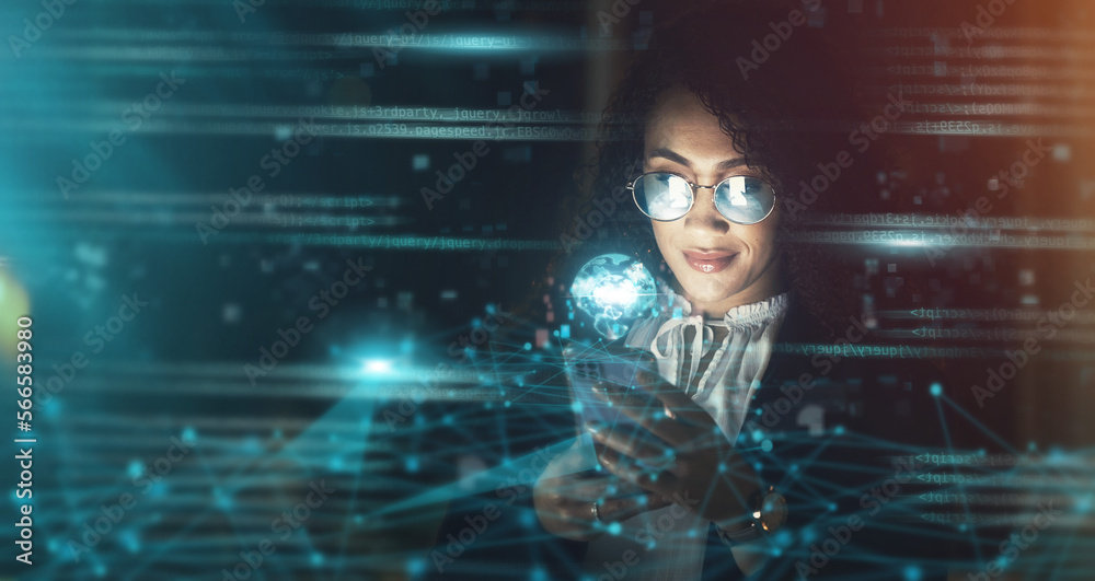 Poster Business woman, overlay and phone for global map at night for tracking and information technology. Iot, smile and future 3d world hologram in dark with person networking with location for innovation