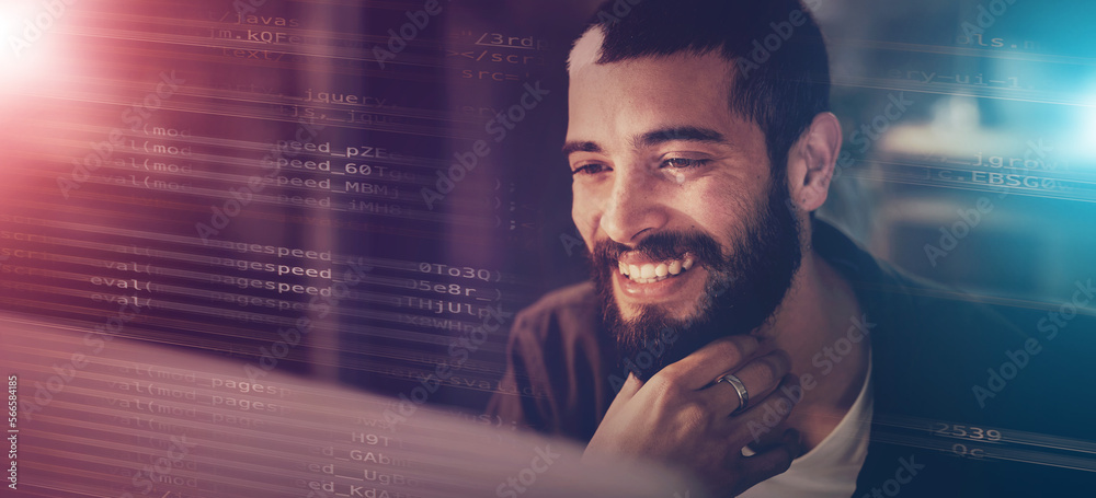 Poster Computer code, face and happy man coding software for online network database, website or cloud computing service. App programmer, night HTML overlay and developer programming phishing cyber security