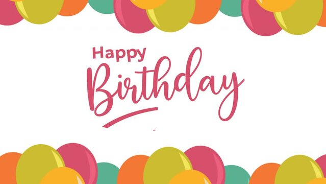 happy birthday animation handwritten text with balloons border. Suitable for birthday card. 4K video greeting.
