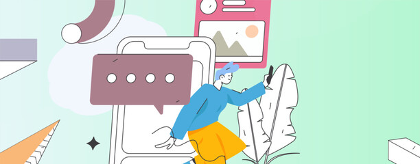 Virtual characters social communication concept business flat vector hand drawn illustration
