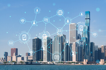 City view, downtown skyscrapers, Chicago skyline panorama over Lake Michigan, harbor area, day time, Illinois, USA. Social media hologram. Concept of networking and establishing new people connections