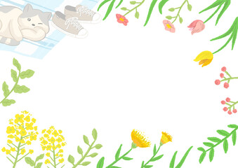 Fototapeta na wymiar Green flower frame Scenery during a picnic with a cat Field mustard and spring flowers Cute hand drawn illustrations / グリーンの草花のフレーム 猫とピクニック中の景色 菜の花や春の花 かわいい手描きイラスト
