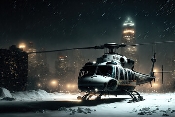 Helicopter on the background of snowy New York. Generative AI.