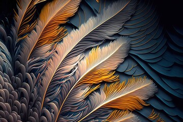 a close up of soft feathers. Colorful. feathers on black background. generative ai
