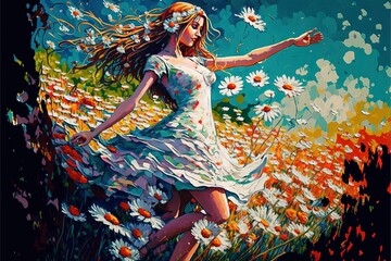 Fototapeta na wymiar a painting of a woman in a field of daisies with her arms outstretched and her hand out to the side of her body, with a blue sky in the background. generative ai