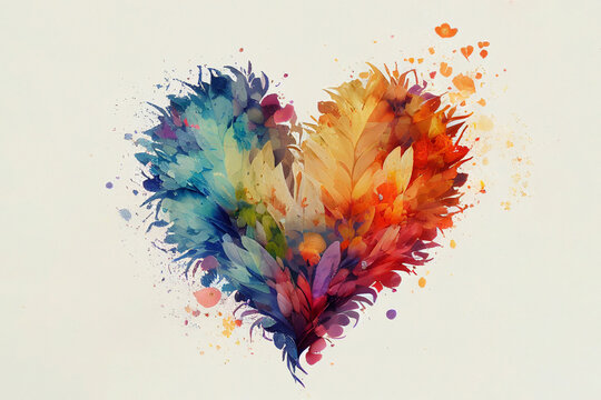 Shape of heart with multitude of leaves and colorful flowers - Generative Ai