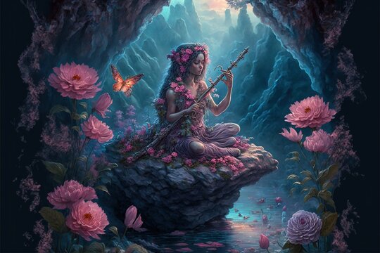  a painting of a woman sitting on a rock with a flute in her hand and flowers in her hair and a butterfly flying above her.  generative ai