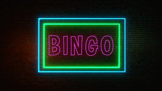 Bingo, winning and loosing. The word bingo in purple neon letters. Brick wall with green and blue neon tubes. Bingo., casino, bet, game night and gambling concept. 3D animation