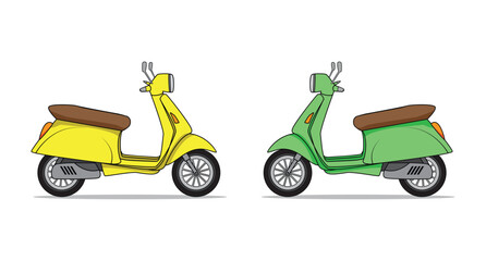Yellow and green retro classic or vintage scooter motorcycle drawing in cartoon vector