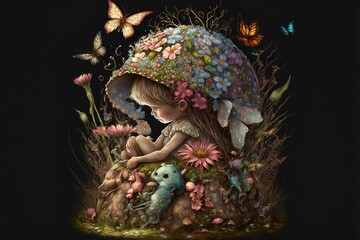 Fototapeta na wymiar a painting of a little girl sitting on a mushroom with a stuffed animal in her lap and butterflies flying around her, with a black background. generative ai