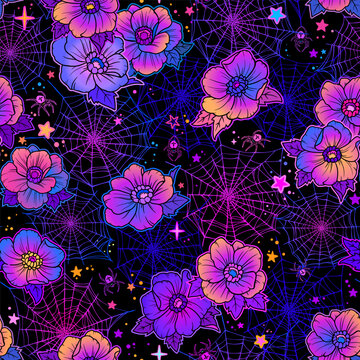 Seamless vector pattern of flowers and cobwebs on a black background