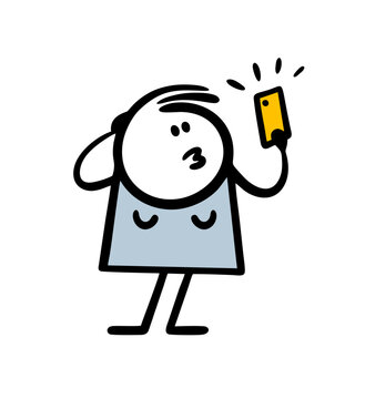 Hand drawn doodle stick figure beautiful young woman takes a selfie on her phone in an elegant pose.