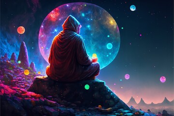 A monk sits on top of a mountain in magical night. Generative Ai. - obrazy, fototapety, plakaty