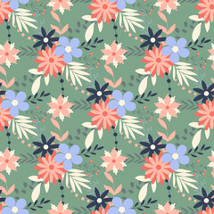 Spring floral background. Flowers, foliage and herbs seamless pattern. Summer bloom wild flowers print. Template for textile, paper, packaging and design vector illustration