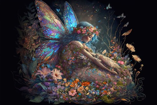  a painting of a fairy sitting in a field of flowers with a butterfly on her back and a butterfly on her shoulder, with a black background.  generative ai