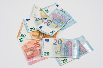 Euro banknotes of different values. Euro cash background. closeup view. Salary, savings, European union economic crisis concept.
