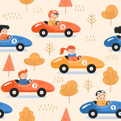 Cartoon characters on the racing cars. Children seamless pattern. 