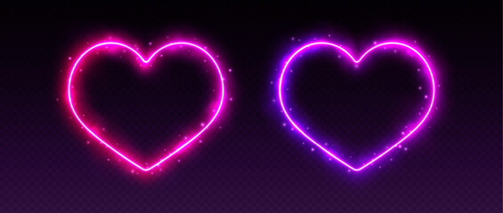 Neon heart frames with smoke and sparkles, gradient LED borders with fog and glowing particles. Magic aura of love concept. Galaxy Valentines Day decoration. Vector illustration.