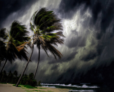 Tropical storm at the beach, palm trees blowing in the wind, ocean wave on sand, Generative AI