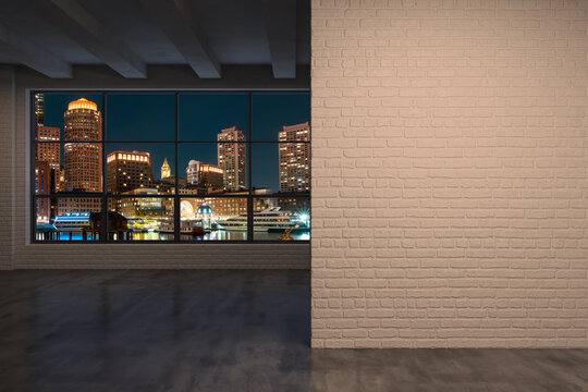 Panoramic picturesque city view of Boston at night time from modern empty room, Massachusetts. An intellectual and political center. Mockup copy space empty wall. Display concept. 3d rendering.