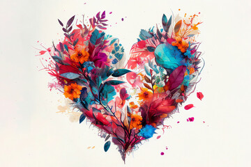 The shape of a heart drawn with a multitude of leaves and colorful flowers on a white background - Valentine's Day - Lovers' Day - Spring is coming - Generative Ai