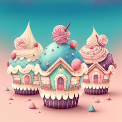 Sweet Treats Adorable Cupcake Houses with Sprinkles, Cream, and Cherries