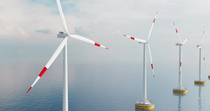 Wind turbines in the ocean. Environmental friendly electric energy. Technology and energy related 3d concept animation.