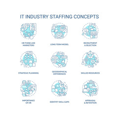 IT industry staffing turquoise concept icons set. Human resources. Select candidate idea thin line color illustrations. Isolated symbols. Editable stroke. Roboto-Medium, Myriad Pro-Bold fonts used