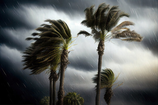 Tropical storm, palm trees blowing in the wind, heavy rain and cloudy sky, Generative AI