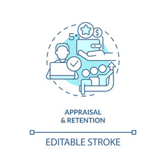 Appraisal and retention turquoise concept icon. Salary bonuses. IT staffing process abstract idea thin line illustration. Isolated outline drawing. Editable stroke. Arial, Myriad Pro-Bold fonts used
