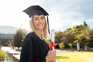 Woman, student and portrait smile of graduate with achievement in higher education. Happy female...
