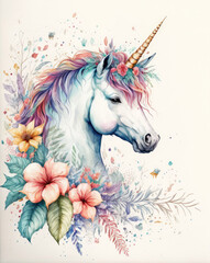Naklejka na ściany i meble Unicorn, Pegasus with flowers, ai generated