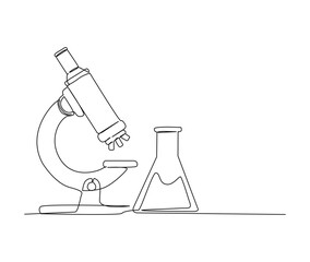 Continuous one line drawing of microscope and lab test tube. Simple illustration of  laboratory equipment line art vector illustration.