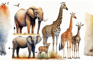 watercolor illustration animals set , ai generated